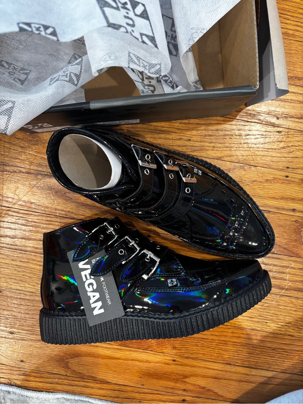 T.U.K Unisex Black Vegan Patent Creeper Boots with Triple Buckles
